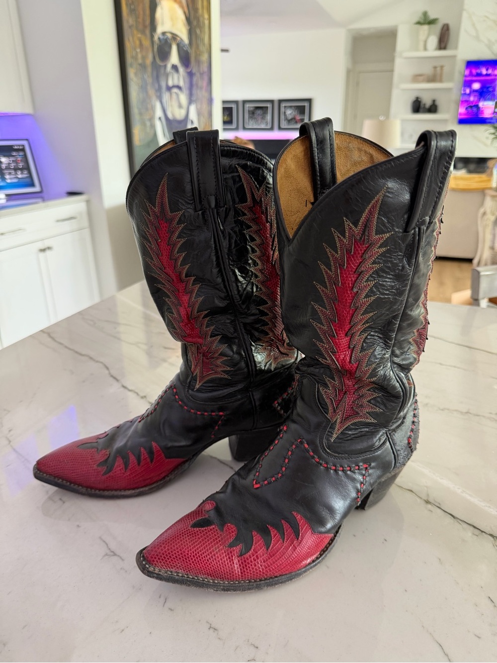 Tony Lama Black and Red Embroidered Western Heeled Boots